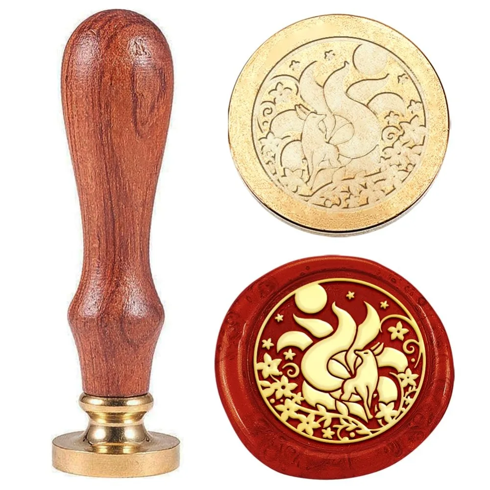 Fox Seal Stamp Nine-Tailed Fox Sealing Stamps 30mm Removable Brass Stamp Head with Wood Handle for Back to School