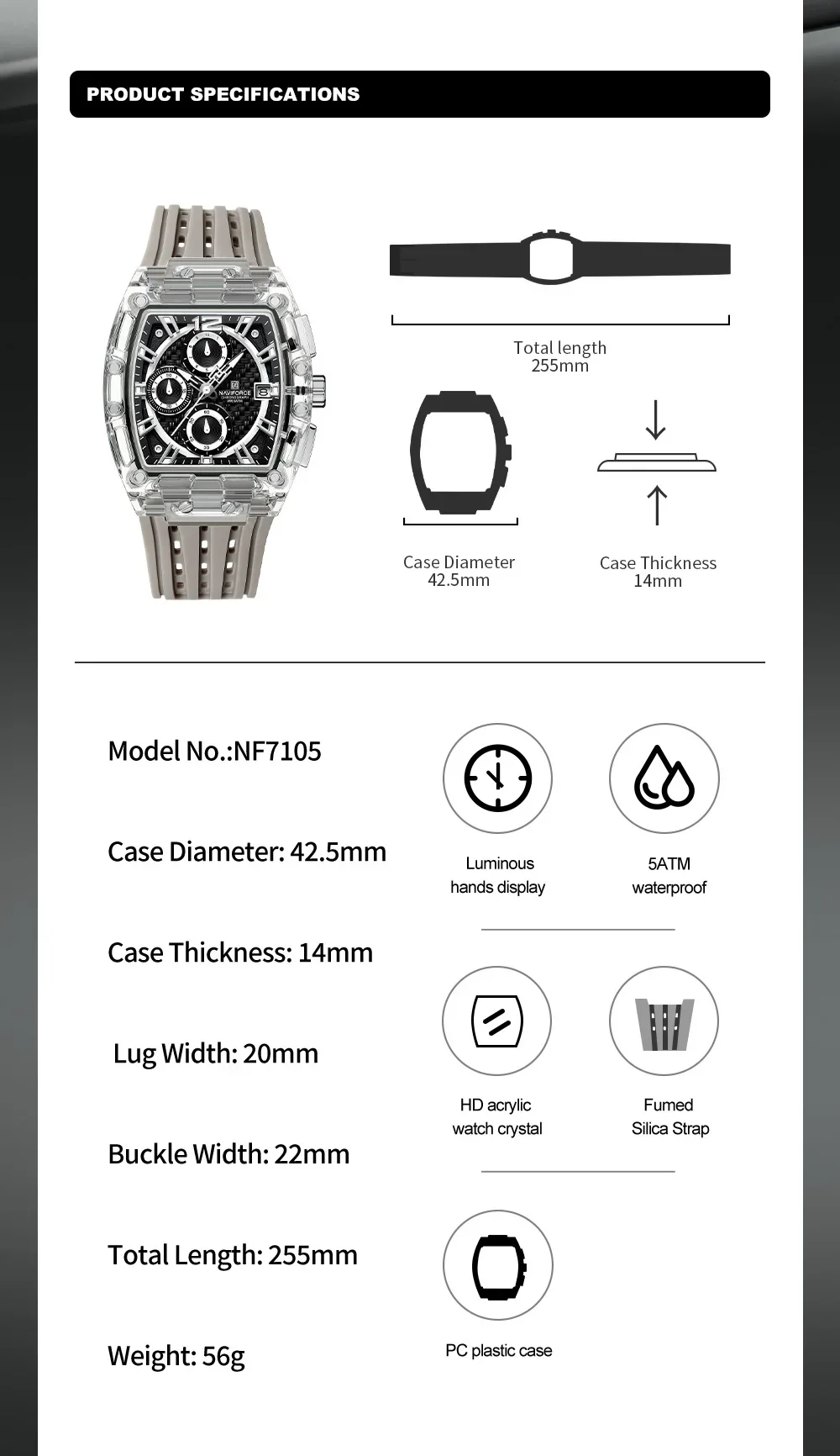 NAVIFORCE NF7105 Creative Design Watches Men Quartz Silicone Strap Date for Male Waterproof Clock Chronograph Luminous