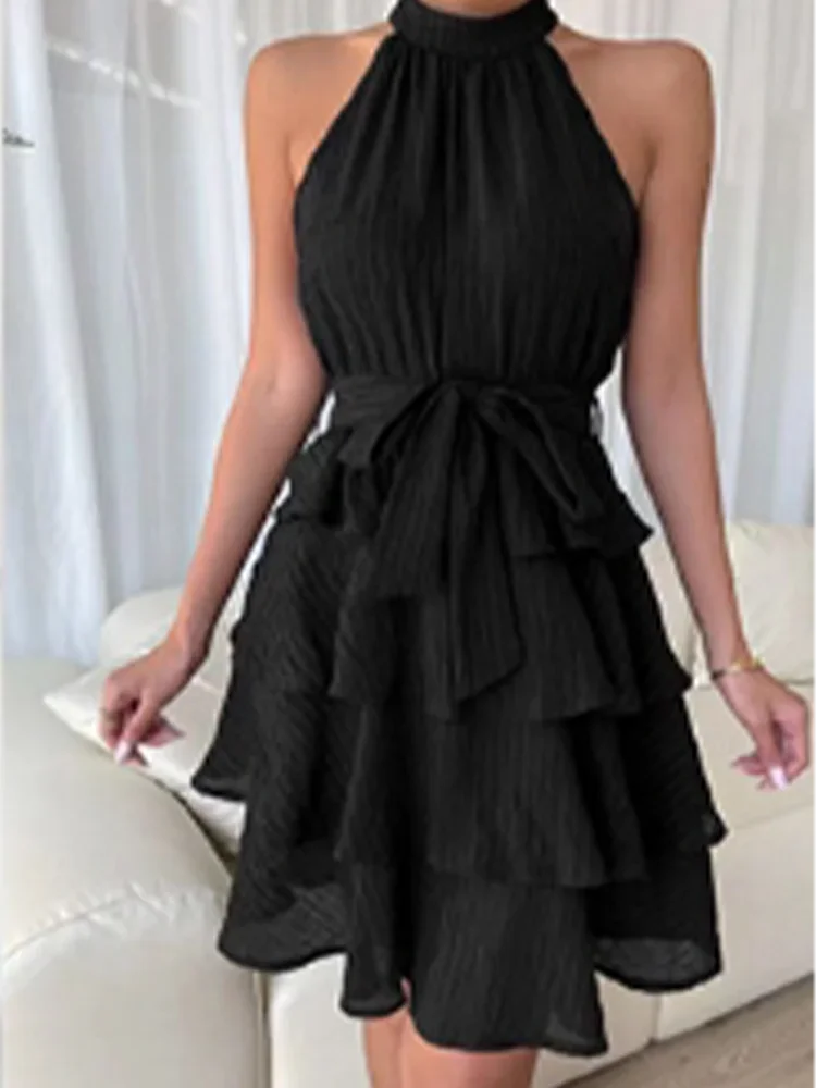 Stylish แขนกุดปิดไหล่ Multi-Layered Ruffle Edge Dress ผู้หญิงสีทึบชุดมินิปาร์ตี้ A Line Dresses