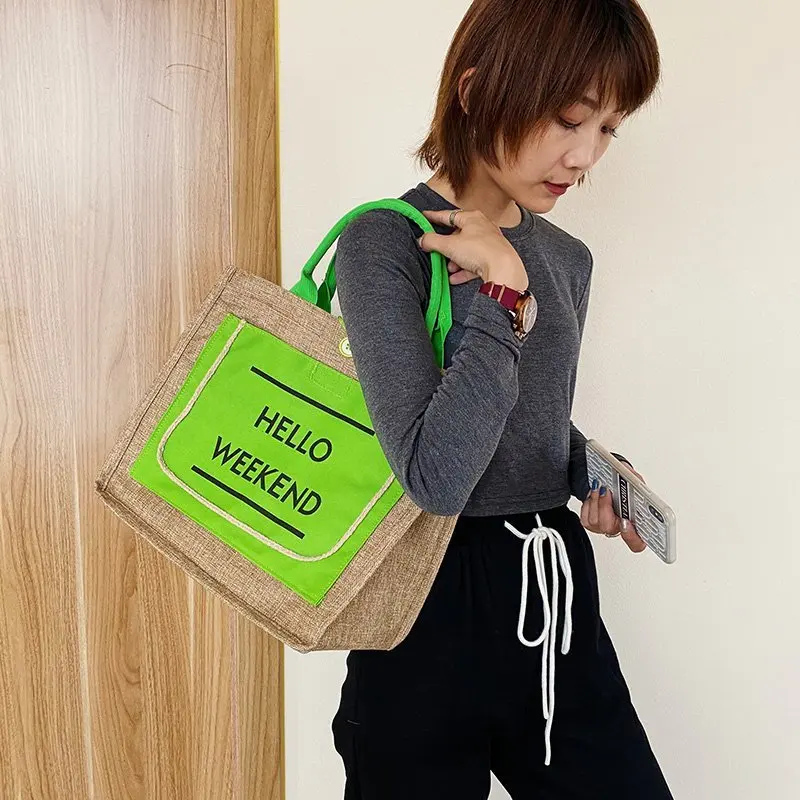 Vintage Women Shopping Bags Linen Shopper Tote Large Summer Beach Handbags Portable Eco High Capacity Shoulder Bag for Ladies