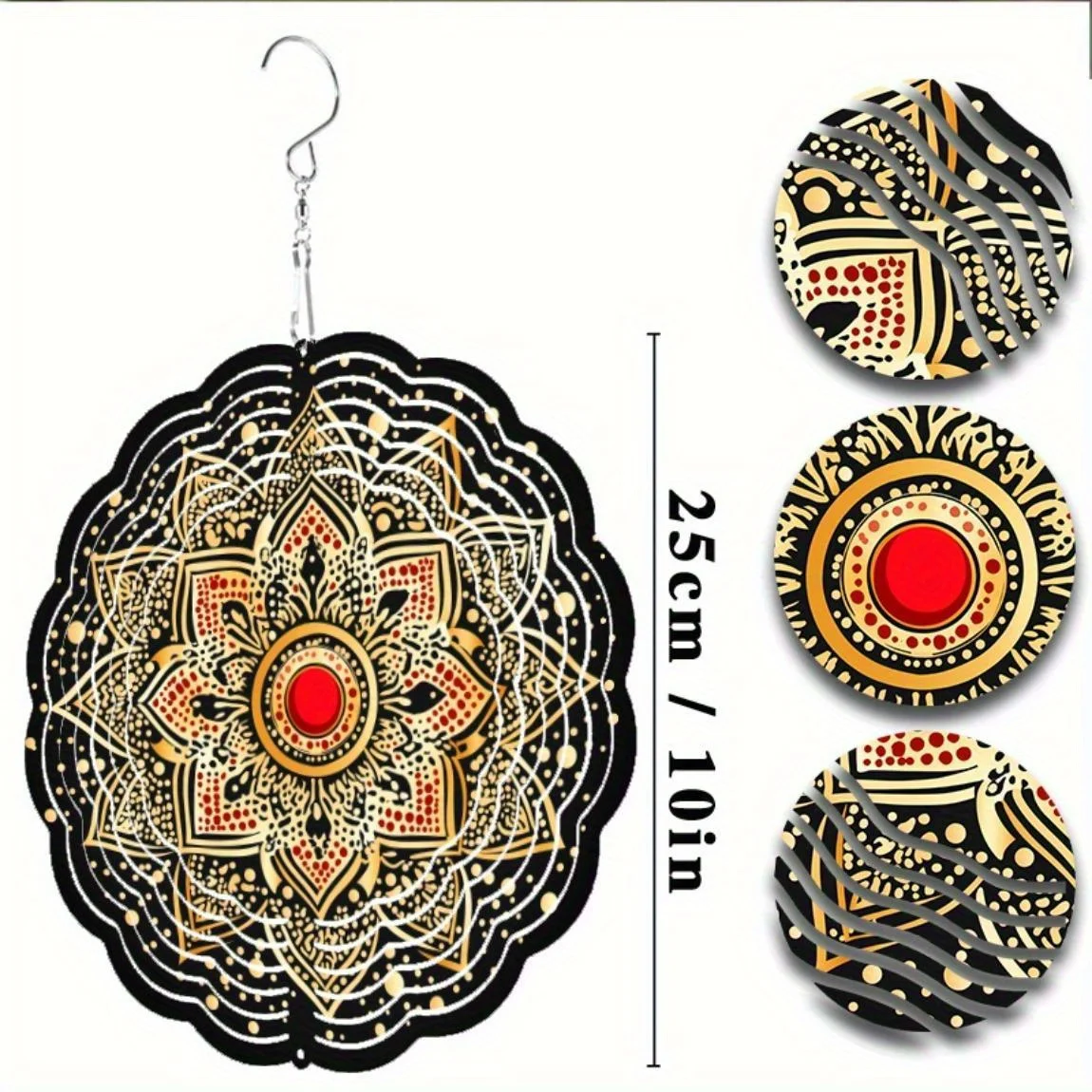 CIFBUY Crystal Mandala Wind Chime Weatherproof Metal Garden Decor Elegant Black Gold Soothing Sound Outdoor Hanging Ornament