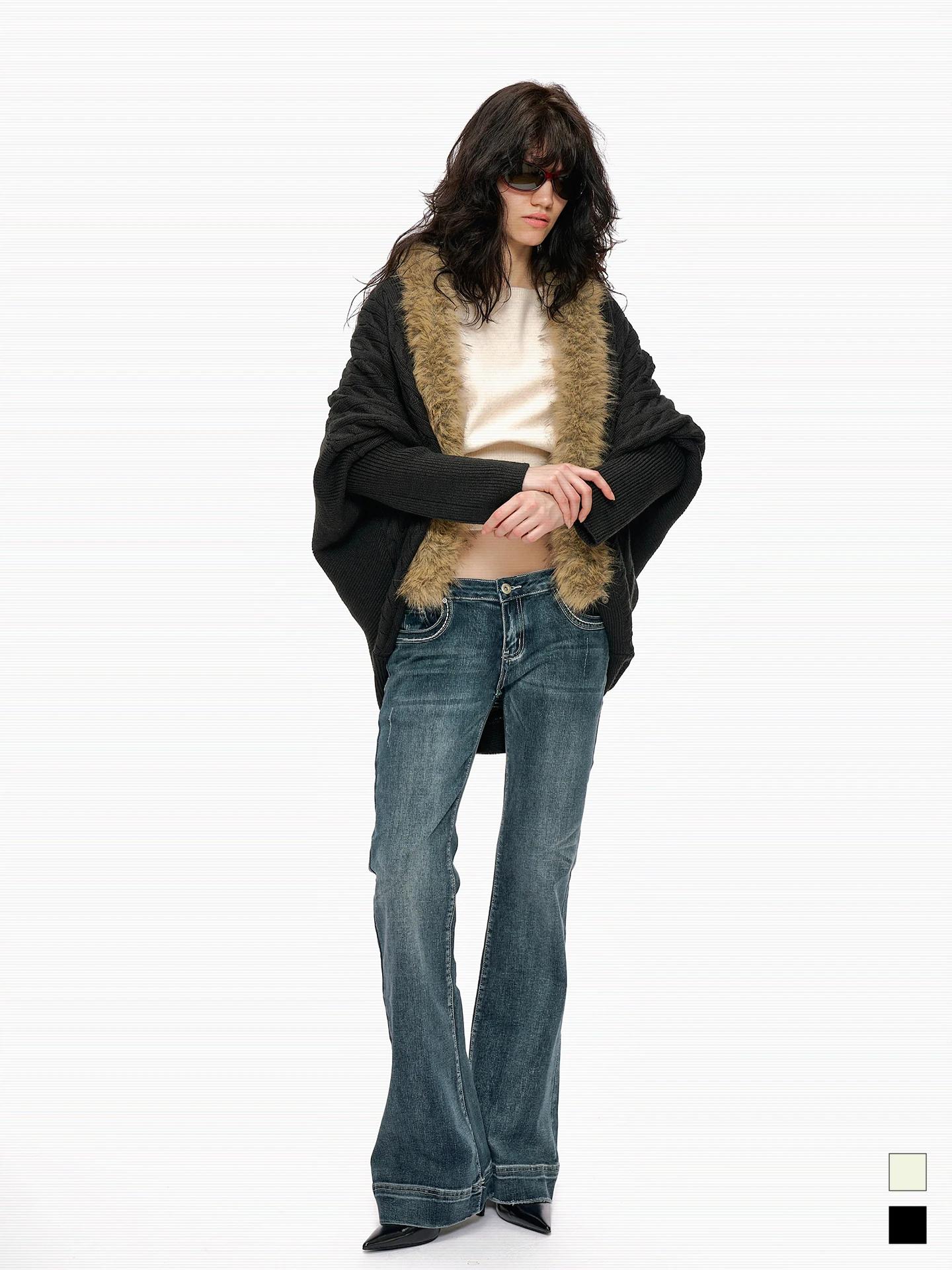 

Женский вязаный кардиган Nana на осень-зиму, свободный крой, длинный жакет с меховым воротником и плетеным узором, модный и элегантный