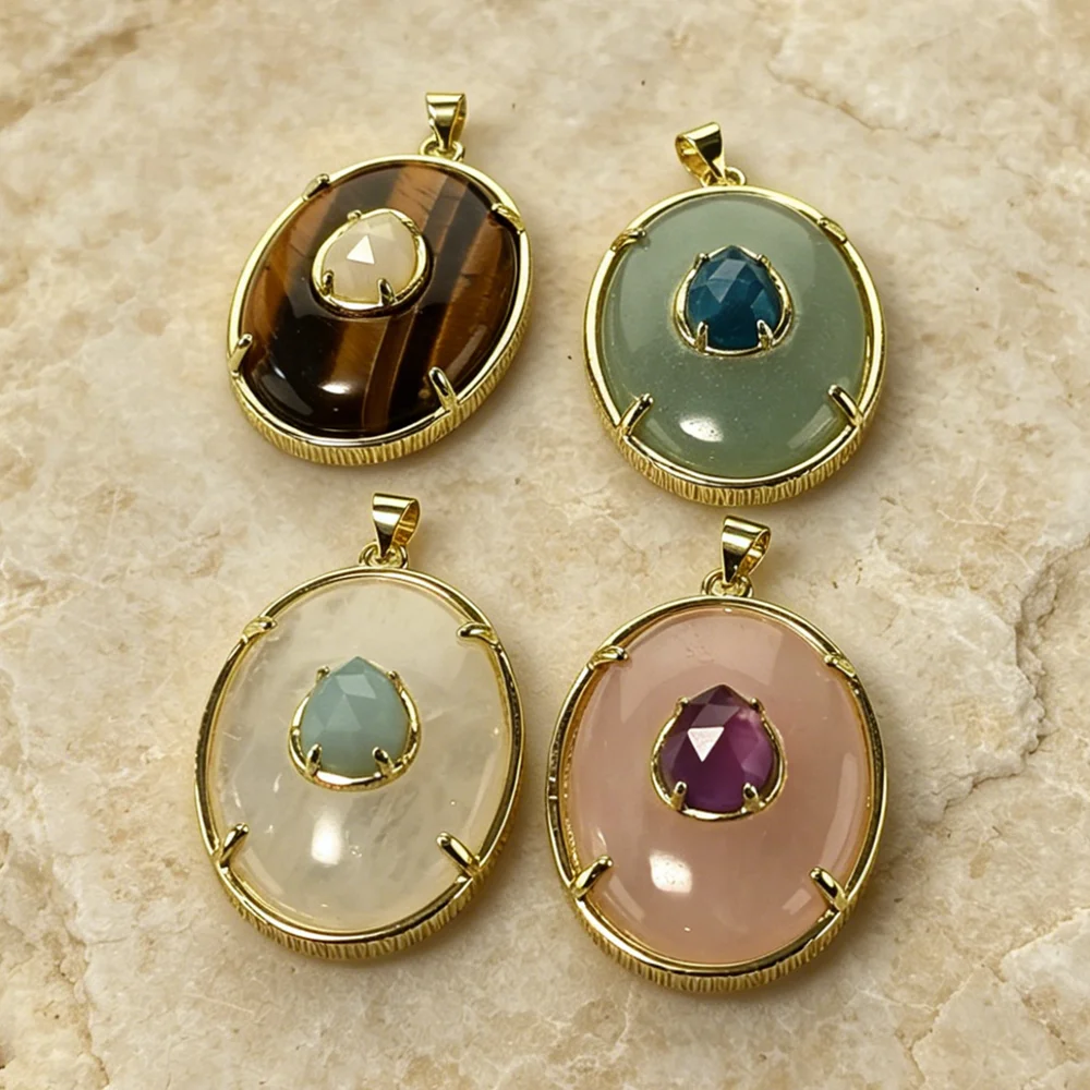 

Oval Double Stone Charms Prong Set Golden Plated Natural Semi Precious Stone Bulk Assorted Stones DIY Craft Supplies P2D1024