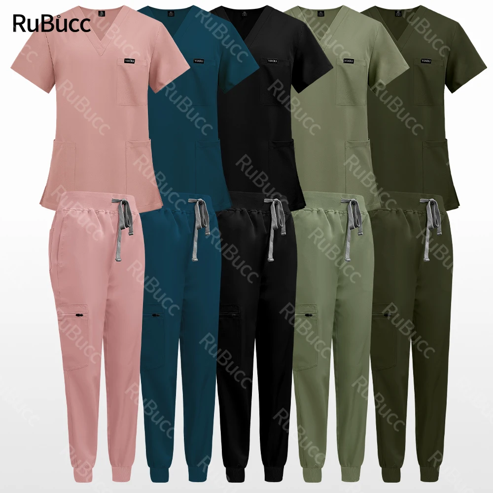 

Custom Logo V Neck Design Side Split Top Jogger Pants Nursing Scrub Uniform Set Pet Clinic Veterinary Nurse Sets Wholesale Price