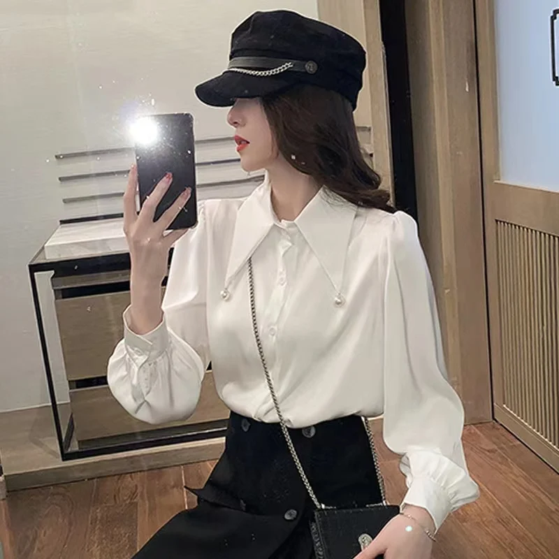 Spring Elegant Women Chiffon Shirts Beads Pointed Collar Office Lady Shirt Fashion Loose Long Sleeve Blouse Top Female Blusas