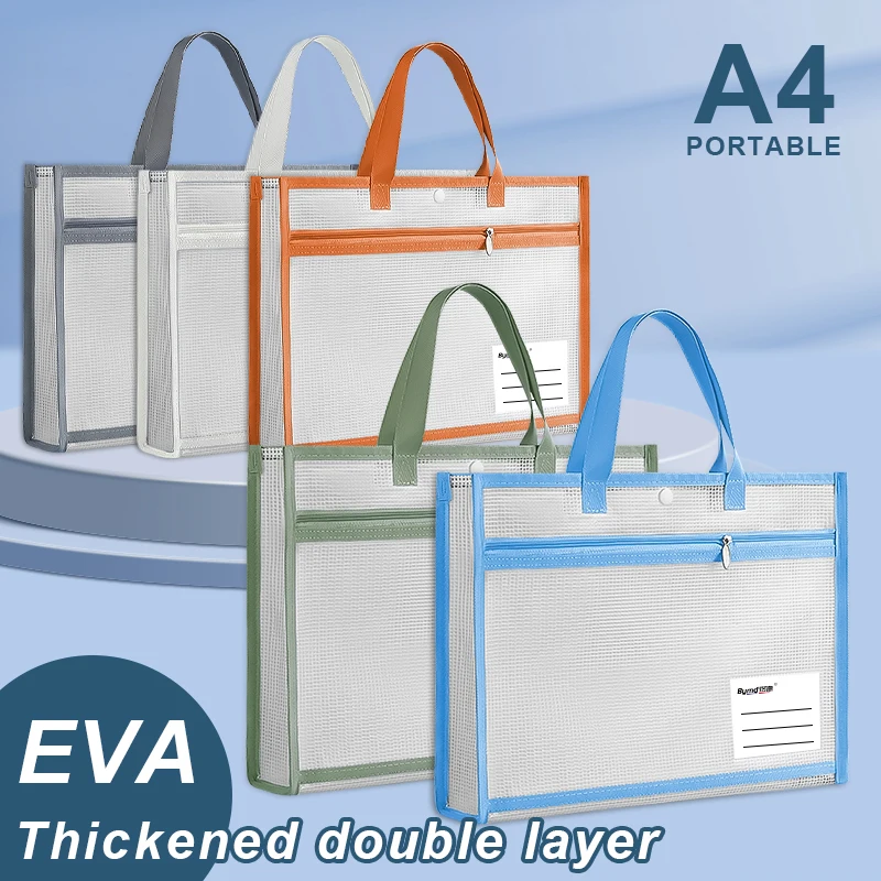 Bolsa com zíper de grande capacidade, impermeável, transparente, estéreo, bolsa de arquivos, documentos A4, malha de armazenamento, zíper, EVA, espessado, durável, grande capacidade