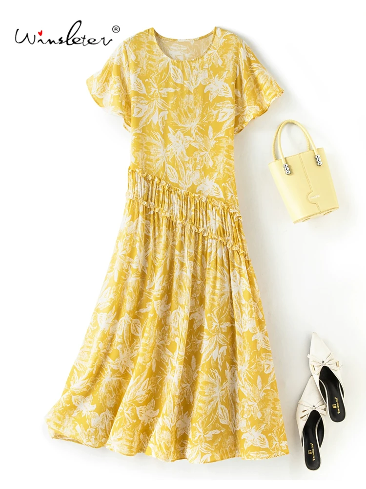 Winsleter-Women 100%Real Silk Elegant Dress, O Neck Short Sleeve Ruffles Print, Beach Vacation Dresses, 2025 Summer New D58740CC