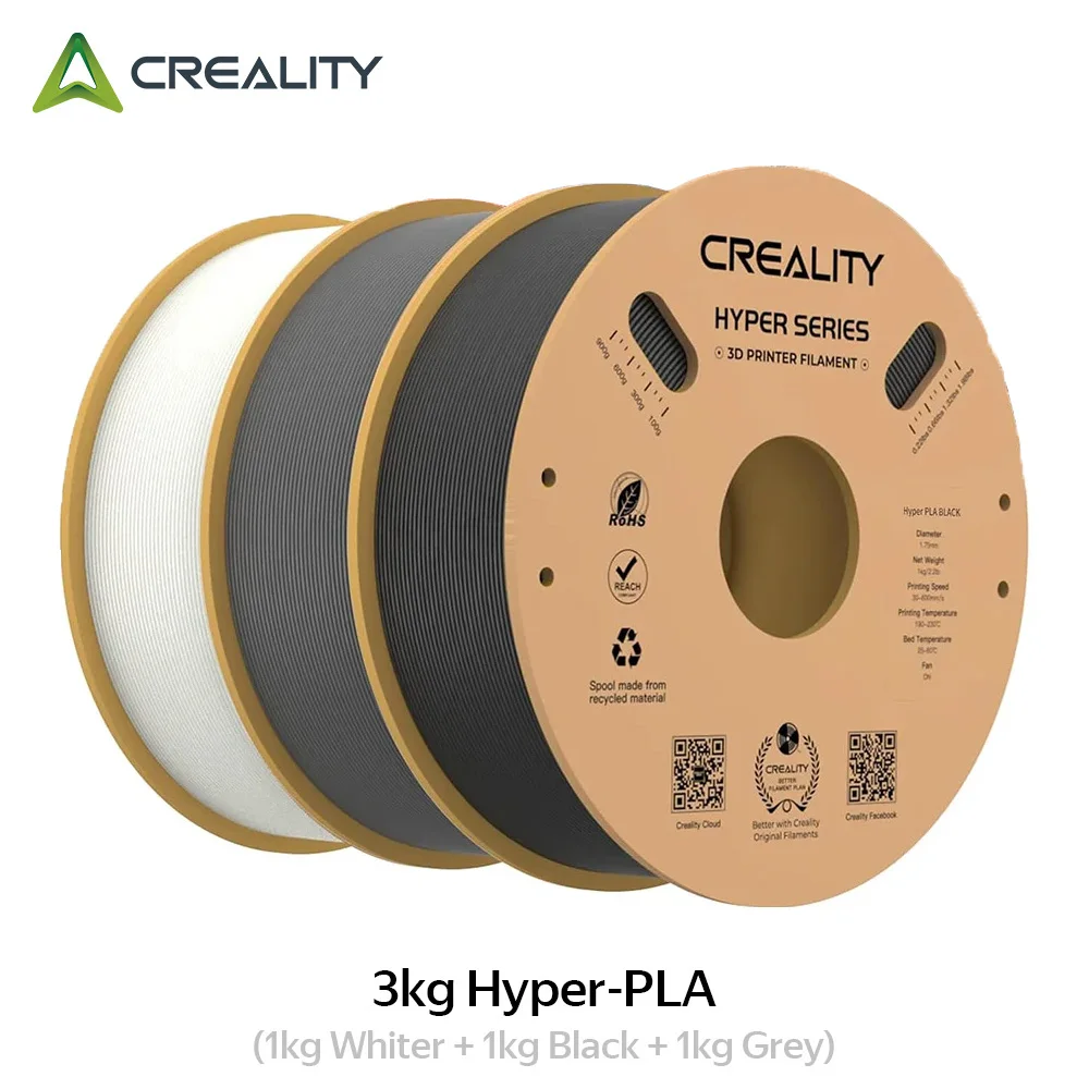 3kg Creality Hyper-PLA Filament (1kg White + 1kg Black + 1kg Grey) 1.75mm for Most FDM Printe