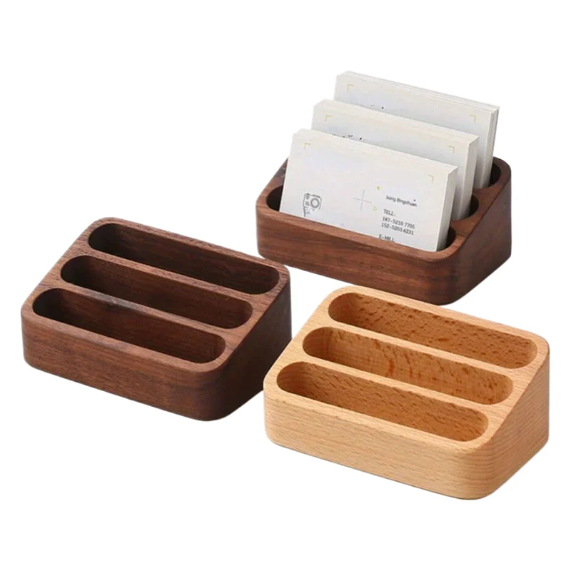 

1pcs Wood Desktop Business Card Display Stand Memo Holder Storage Box Wood Card Organizer For Office