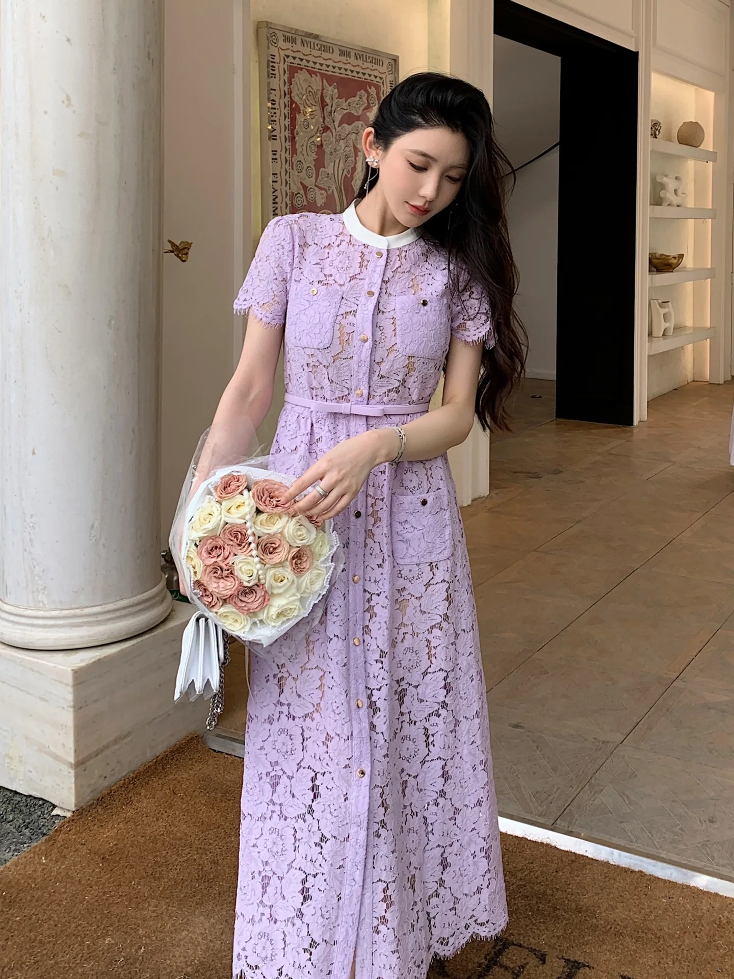 Lace Long Dress 2025 Summer Party Events Women Pocket Belt Patchwork Button Front Short Sleeve Purple Elegant Maxi Dress Prom
