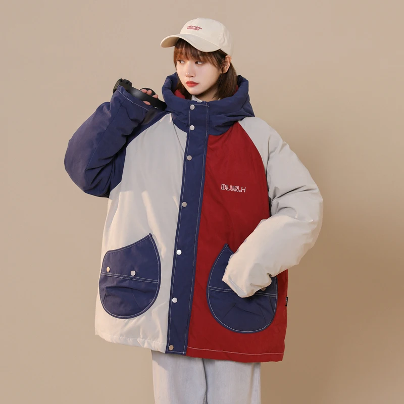 Women Fashion Safari Style Thicken Cotton Loose Hooded Jacket Outerwear Streetwear Hip Hop Patchwork Casual Winter Coat Female