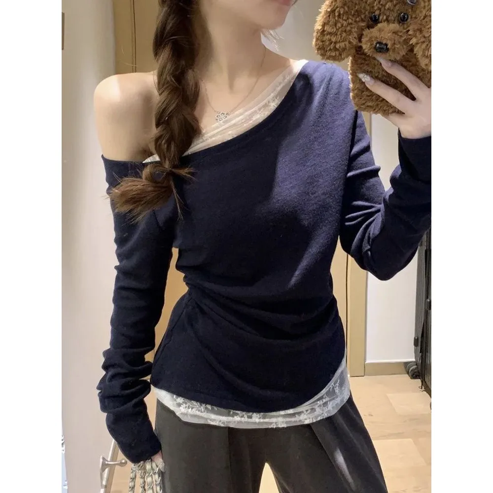 Slim Fit Long Sleeve T-Shirt Women's Royal Blue Pure Desire Shoulder Bared Lace Base Shirt Princess Style Autumn Top Inner Wear