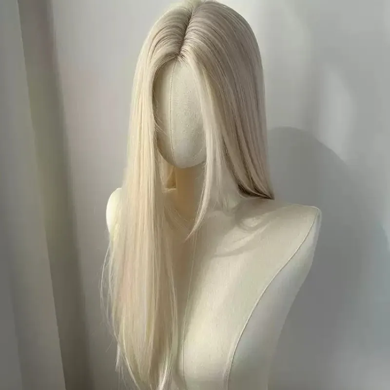 Platinum Blonde Long Straight Wig Small Lace Front Kpop Girl Group Style High Temperature Synthetic Full Wig for Women