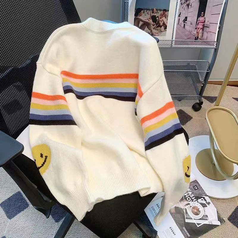 Lazy Smiley Rainbow Stripe Sweater, Knitwear, Women\'s Autumn And Winter Wear, Versatile Loose And Thin, Foreign Pullover Top