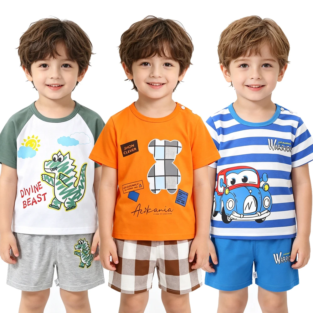 Funny Boys' Sleepwear Suits for Kids Cotton Orange Blue White Striped Plaid Toddler Boy Nightwear Set Buttons Children Clothing