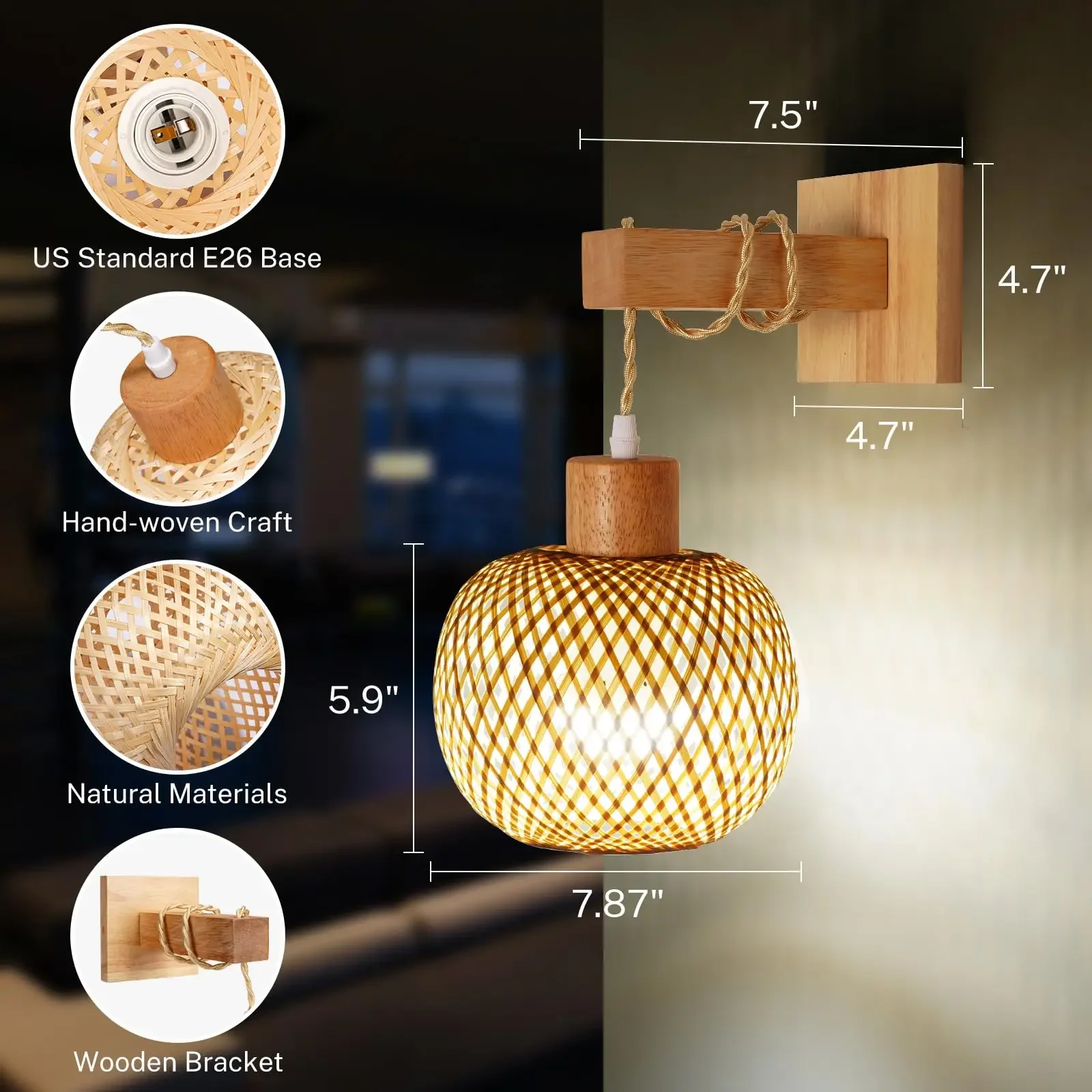 

Unique Boho Style Design Bamboo Lantern Battery Operated Wall Sconce with Remote Control Wireless Rattan Wall Lamp With Bulbs