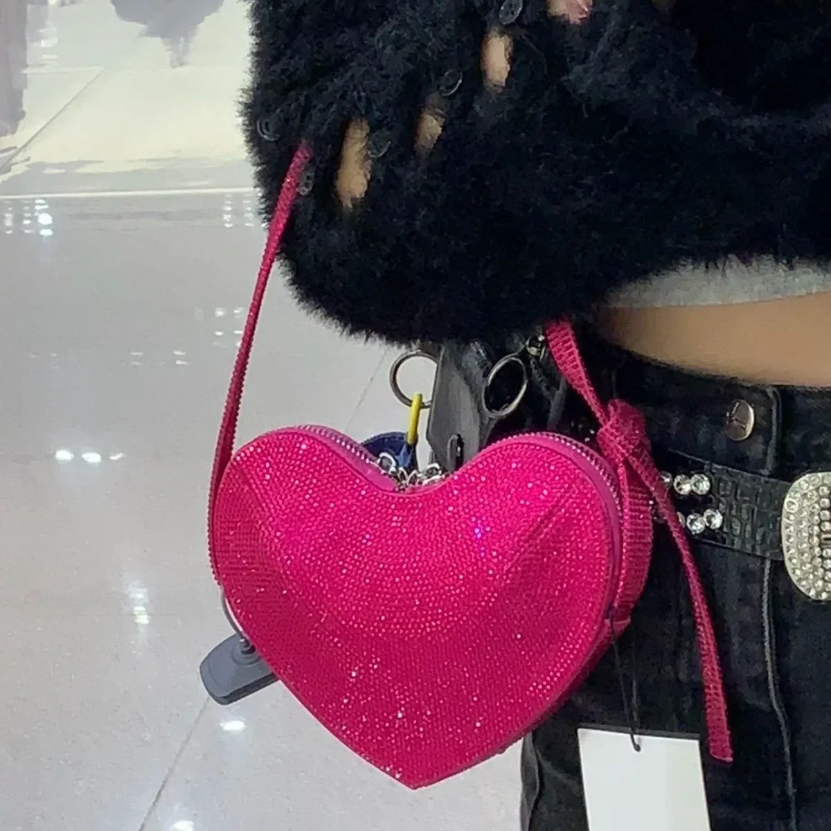 Heart Shaped Bag Valentine's Day Love Heart Bag Bright Diamond Party Mini Bag Shoulder Handbag Synthetic Leather Gift