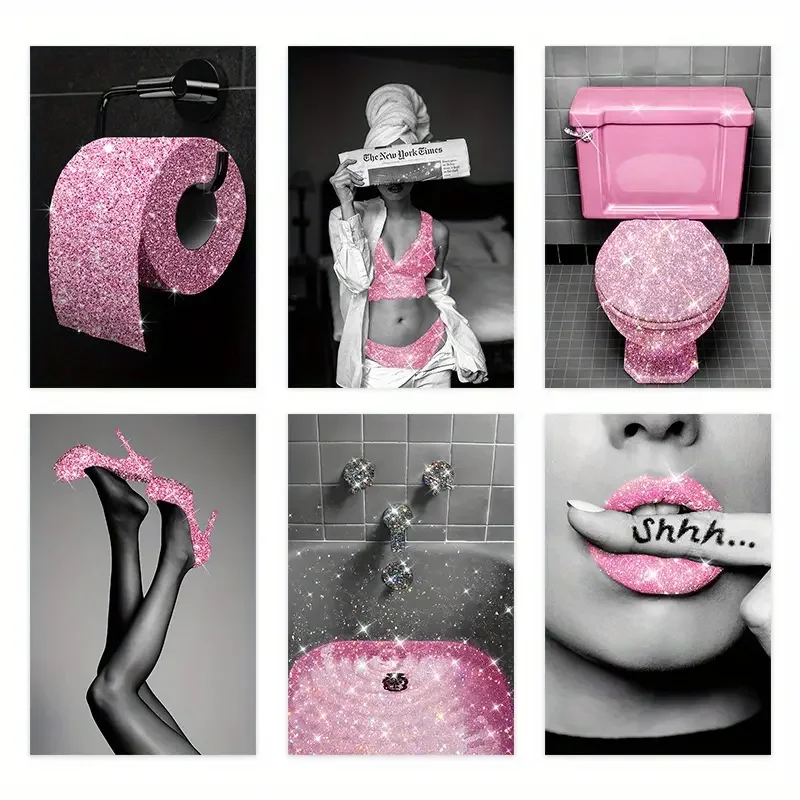 6PCS Frameless Toilet Poster Fashion Pink Woman Bathroom Wall Decor Prints Glitter Tissue Paper Canvas Black and Pink Wall Art