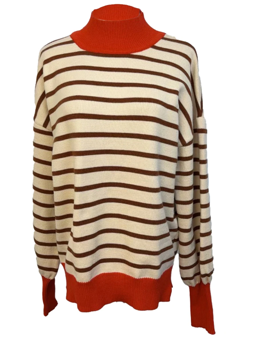 Women s Loose Stripes Sweaters Long Sleeve Round Neck Contrast Color Knit Tops Fall Jumper Tops