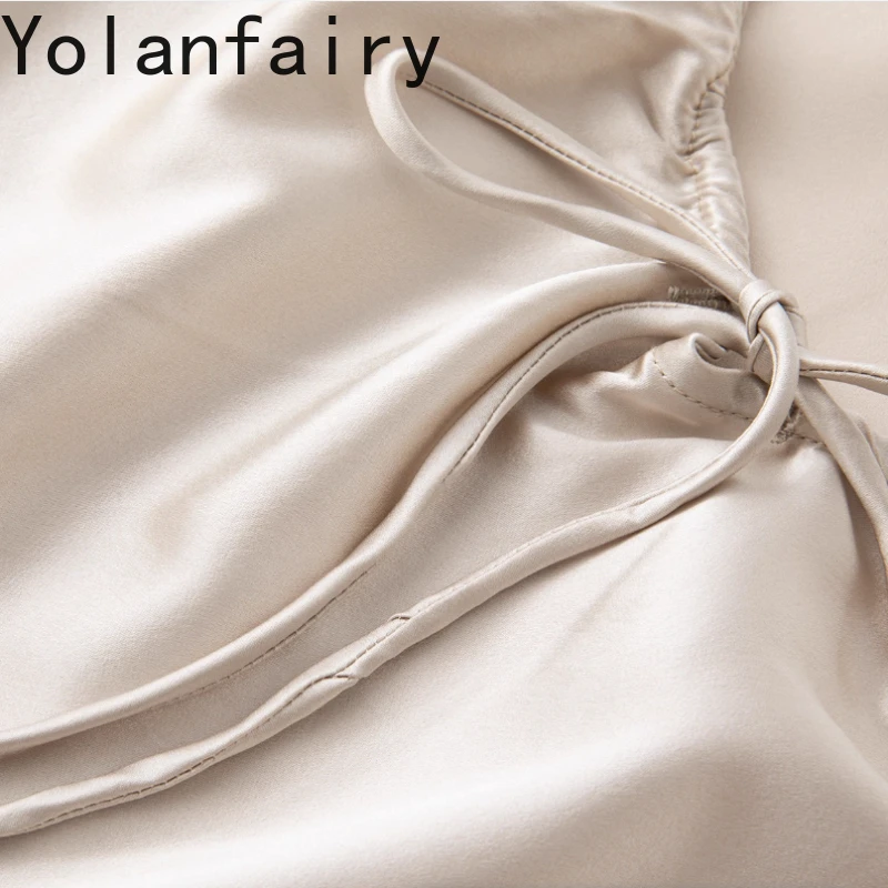 YOLANFAIRY Sukienka damska ze 93% jedwabiu morwowego, satynowa, sznurowana, beżowa, elegancka sukienka typu \"vest\", bez rękawów, odzież letnia