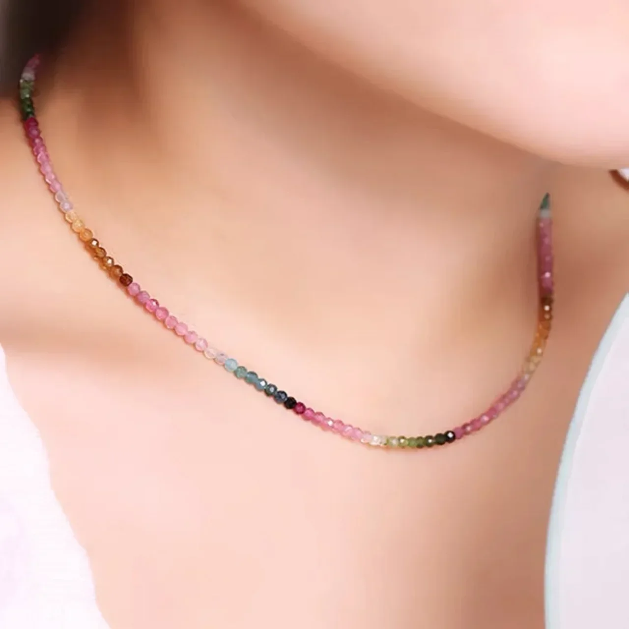 Kalung rantai turmalin alami yang sangat halus 2mm kalung choker rantai tulang selangka pelangi wanita desain ceruk gradien musim panas