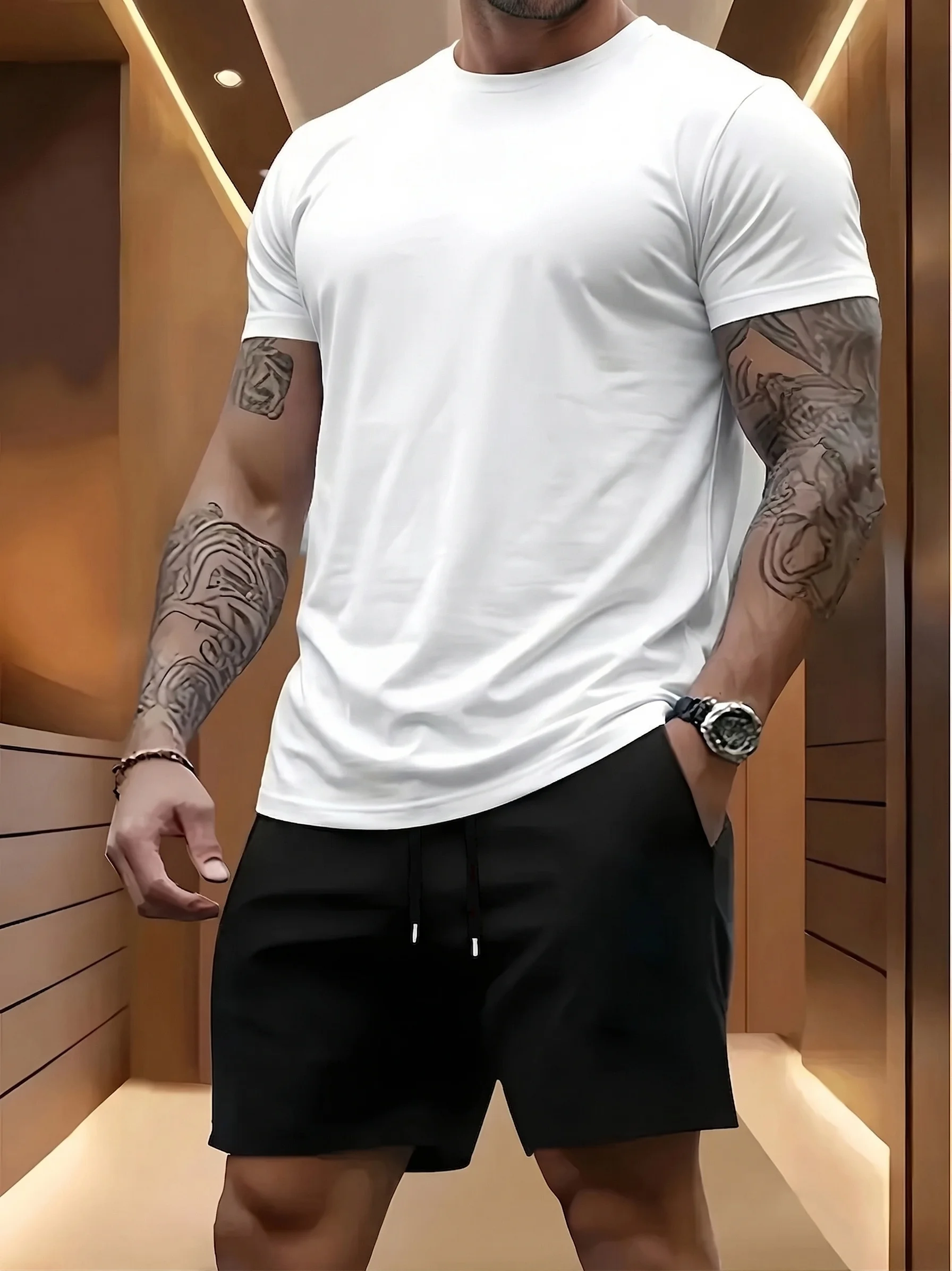 

Новый летний мужской модный комплект: тонкая повседневная футболка с коротким рукавом и шорты для спорта