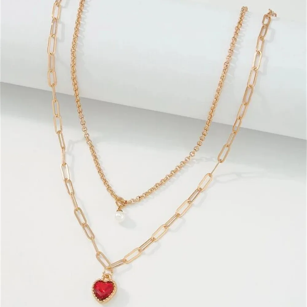 Fashion Boho Punk Artificial Pearl Red Crystal Heart Pendant Necklace For Women Female Vintage Cute Gold-plate Chain Jewelry