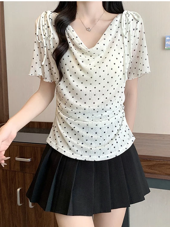 Sweet Polka Dot Trimmed Short Sleeve T-Shirt Women's Slim Fit Belted Summer New Style Spicy Girl Atmosphere Top