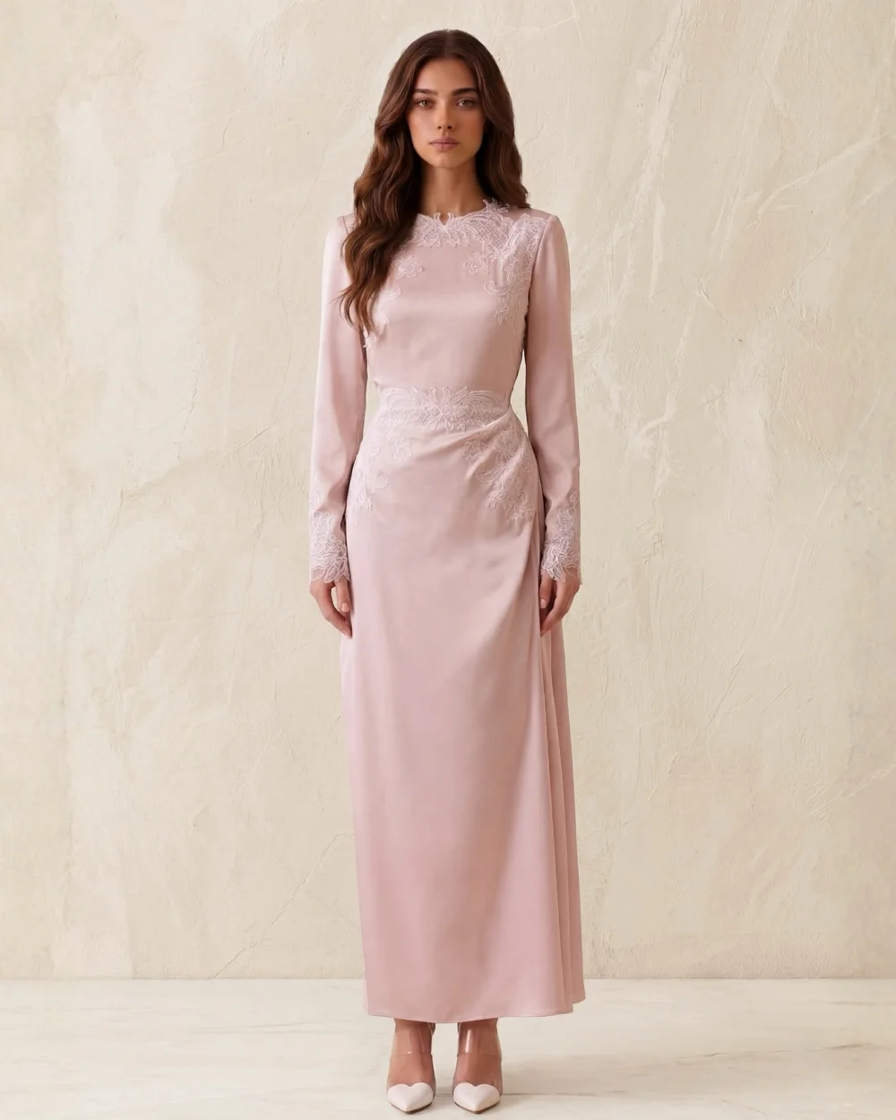 

Customized Classic Women Jersey Lace Ruched Straight Evening Dresses Modern Style O-Neck Long Sleeves Floor Lenght Prom Dresses