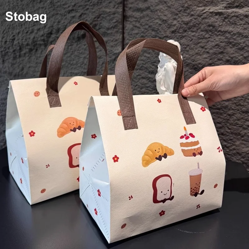 

StoBag 10pcs Cartoon Non-woven Insulation Bag Tote Fabric for Bread Food Package Keep Warm Delivery Reusable Pouch Portable