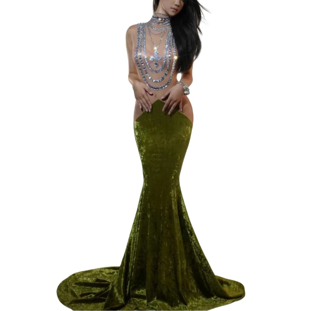 

Women Stretch Floor Length Sequined Sleeveless Green Sequined Sheer See Through Dress Drag Queen Velvet Dressy Birthday Party