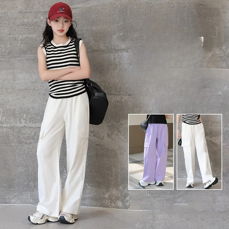 

Girls' Wide Leg Cargo Pants 2026 Summer New, Anti-Mosquito Casual Long Trousers for Kids Breathable Fashion Daily Wear