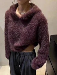 Gothic Chic Faux Mink V-neck Sweater Women Fluffy Soft Knit Hoodie Y2k Short Tops Streetwear Knit Pullover Long Sleeves Jumper