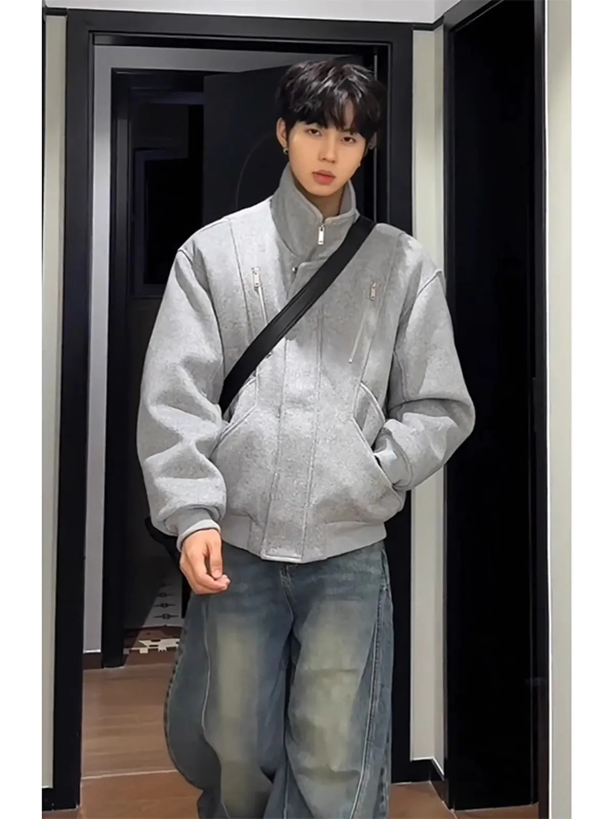 Cleanfit casaco curto de lã e aodão cinza masculino, estilo outono inverno, decoração com zíper, ajuste solto, quente, moda...