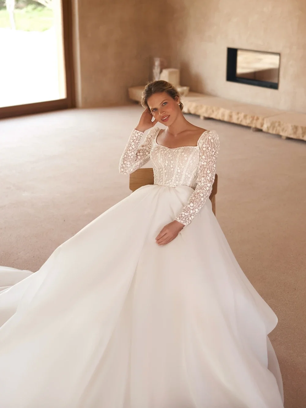 Customized Elegant  A Line Wedding Dresses for Women Lace Appliqued Square Collar Vestidos de Soriee Novia for Bride