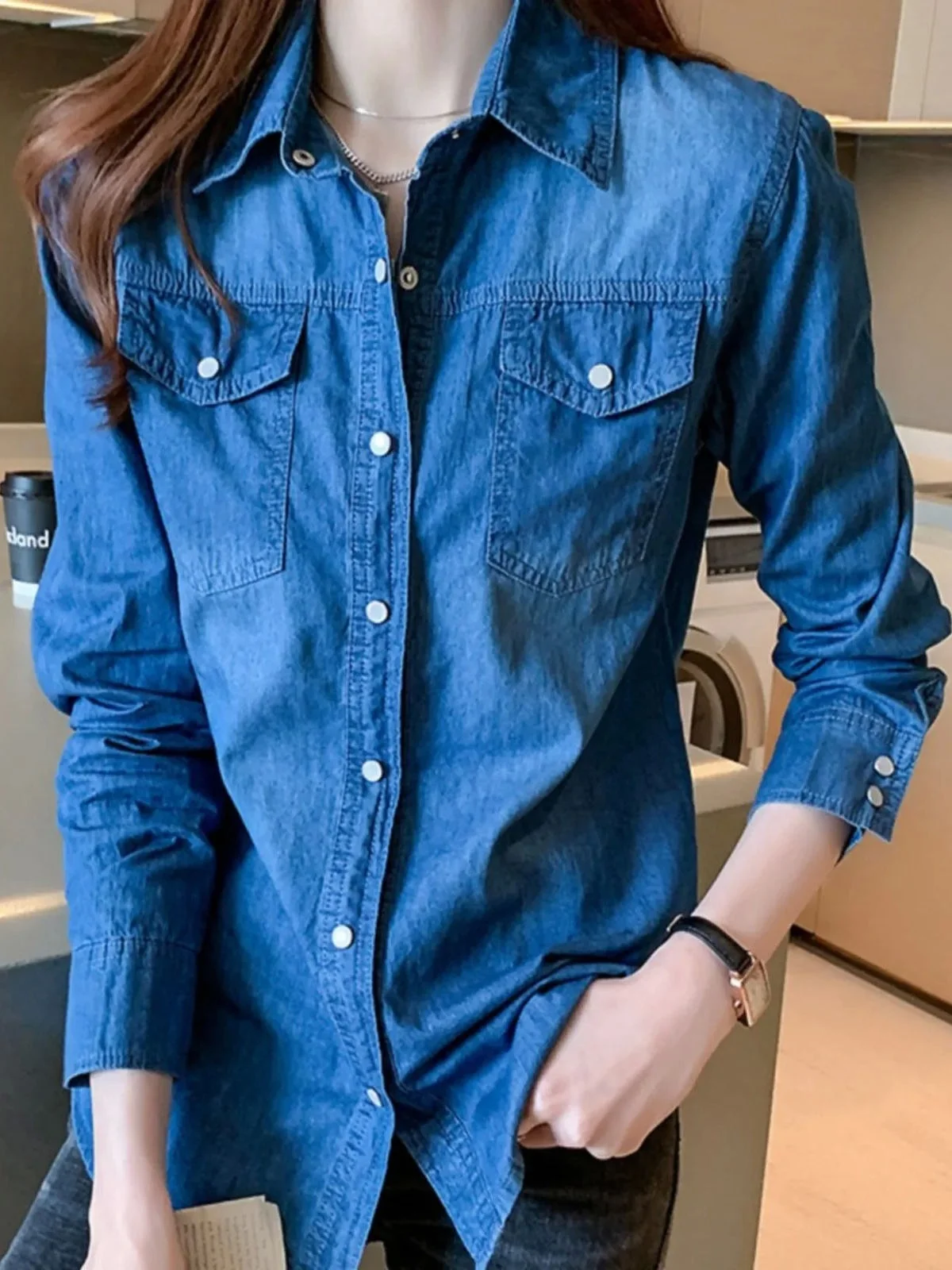 

Slim Fit Long Sve Ковбойский топ для женщин Street Sle Обычный тонкий однотонный откидной воротник Другой материал Повседневный irt