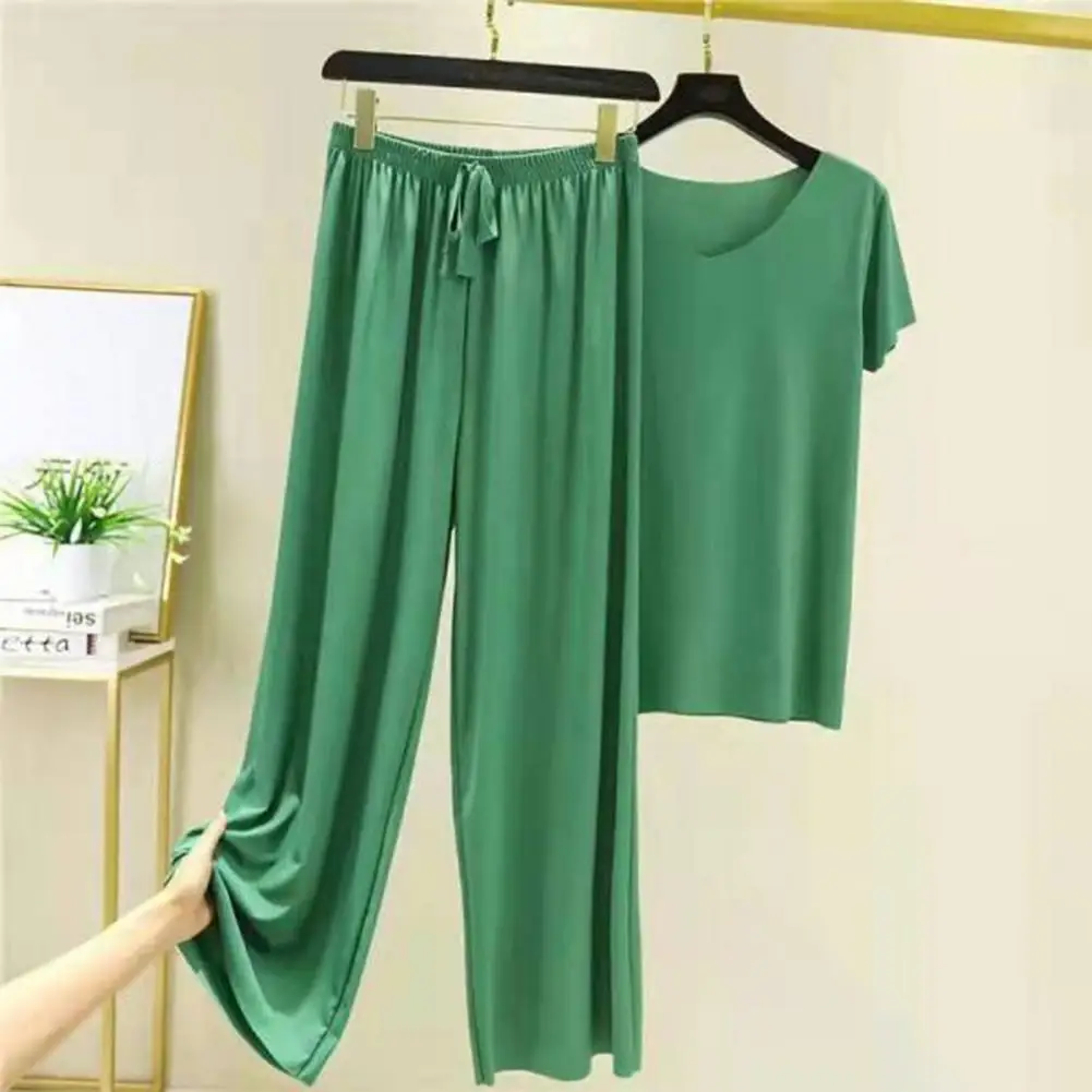 Chic V Neck Deep Crotch Breathable Women T-shirt Pants Set Drawstring Women T-shirt Pants Set Lady Garment