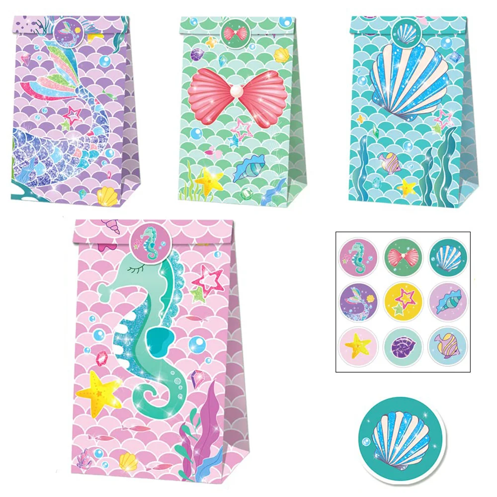 

12pcs Mermaid Birthday Party Favors Bags Girls Baby Shower Party Supplies Treat School Under the Sea Theme Party Gift Bags