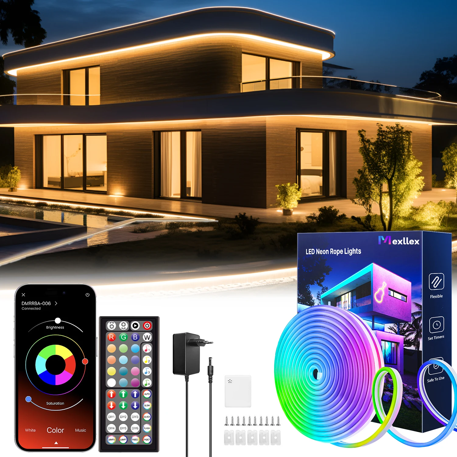 IP65 LED-Neonlicht 5m-30m, DIY RGB LED-Streifen mit Fernbedienung und App, Musik-Synchronisation, für Schlafzimmer