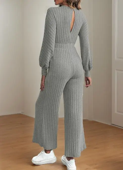 2025 New Velvet V-Neck Strap Bat Sleeve Solid Color Wide Leg Jumpsuit