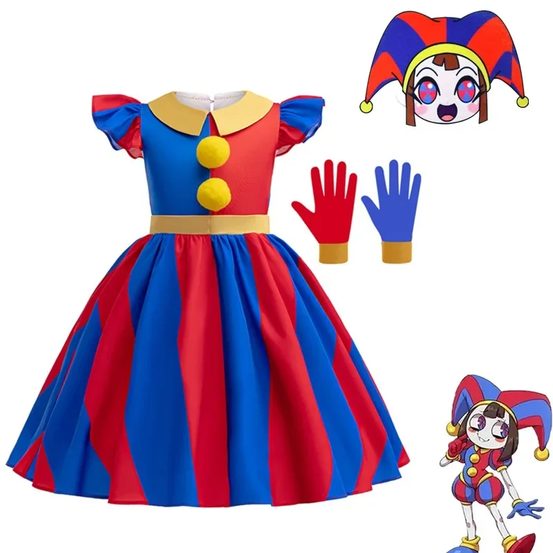 The Amazing Digital Circus Pomni Cosplay Costume para crianças, meninas Princess Dress, Máscara, Luvas, Crianças, Halloween, Desenhos Animados, Vestido de verão