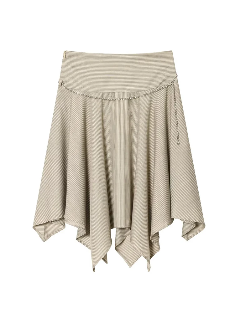 TFMLN 레트로 비대칭 미디 스커트 여성 여름 2025 트렌디 슬리밍 스트라이프 A라인 언밸런스 스커트 시크 메탈 벨트 포함