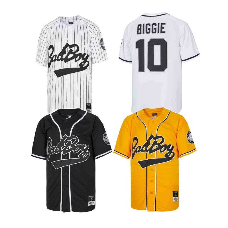 Baseball Jersey Bad Boy 10 BIGGIE Outdoor Sportswear Hip Hop Street Culture Sewing Embroidery Black White Stripe Yellow New 2023