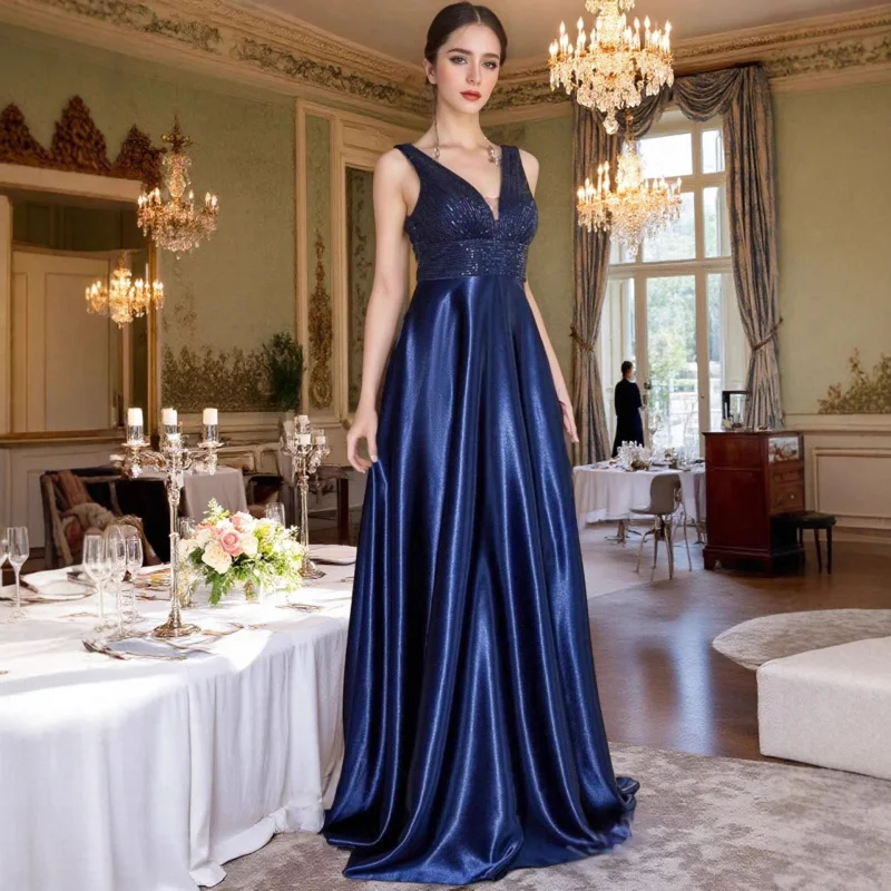 فستان سهرة أنيق جديد على الطراز الأوروبي والأمريكي من الساتان والترتر، فستان حفلات راقٍ للنساء