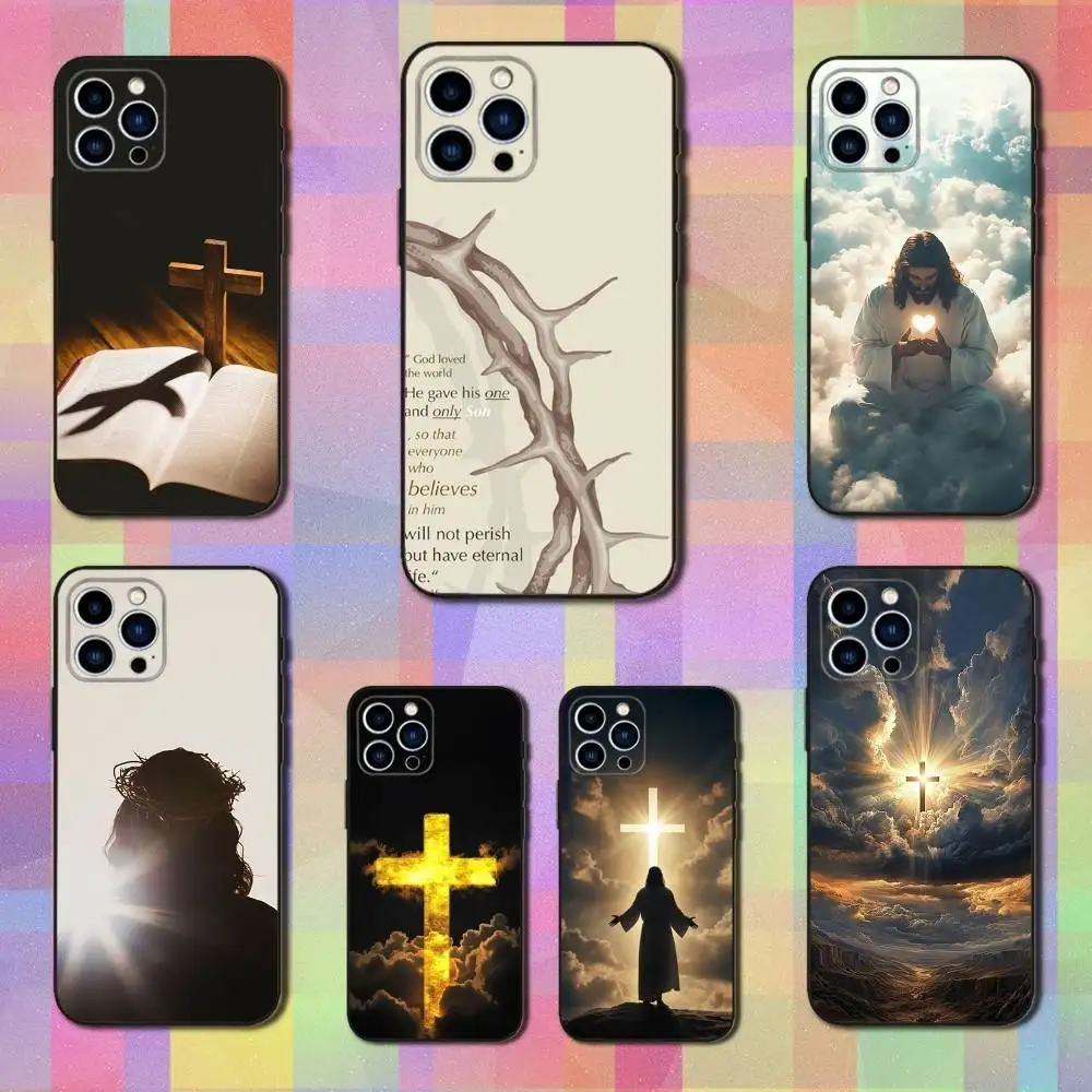 

Cross Bible Art Christian Phone Case For iPhone 16,15,14,13,12,11 Plus,Pro Max,XS,X,XR,SE,Mini,8,7,Soft Silicone Black Cover