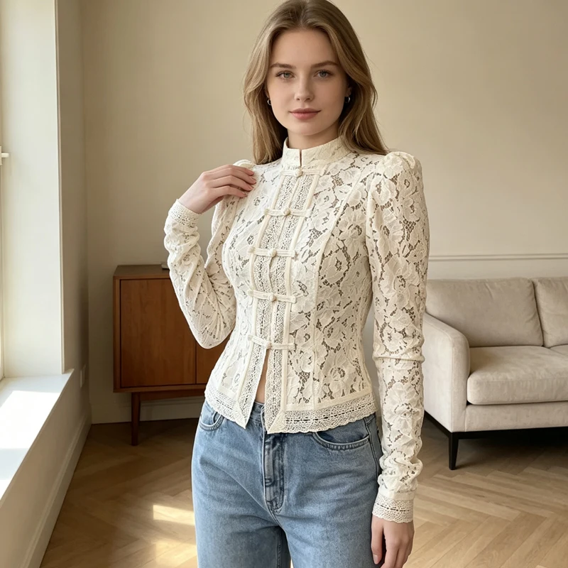 Vintage Lace Blouse Stand Collar Chinese Style Frog Button Sheer Top Elegant Slim Long Sleeve Shirt Sexy See Through Tops