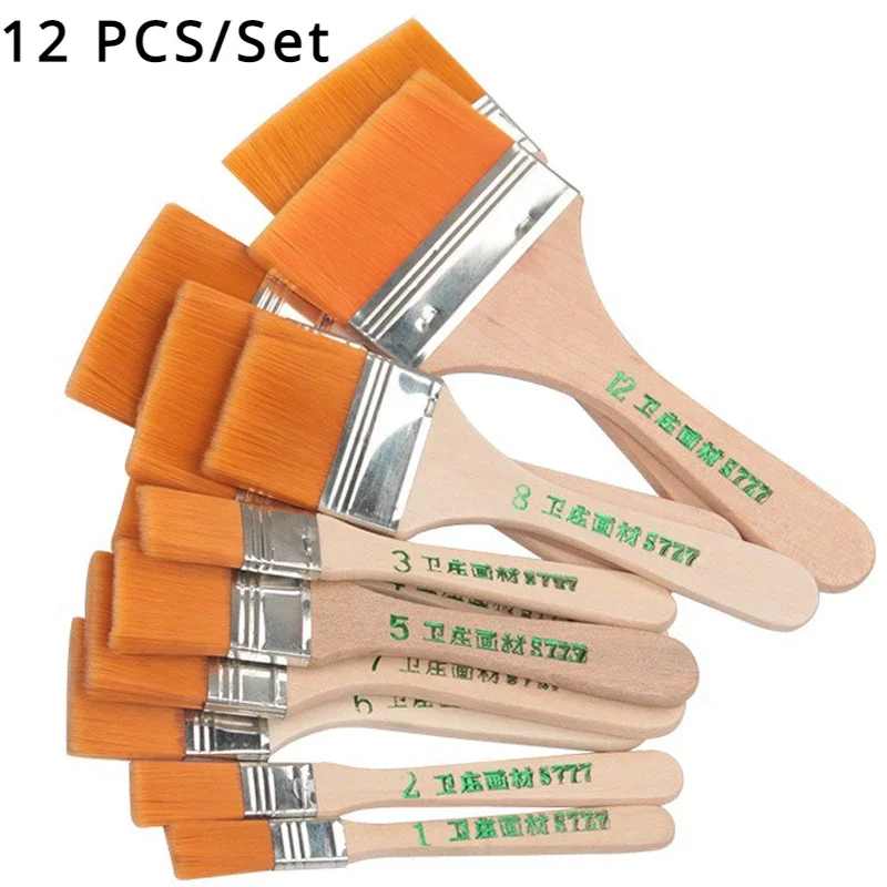 12pcs/set Hair Painting Brush Acrylic Paints Nylon Oil Paint Brush Watercolor Paint Drawing Art Supplies Wood Handles Stationery