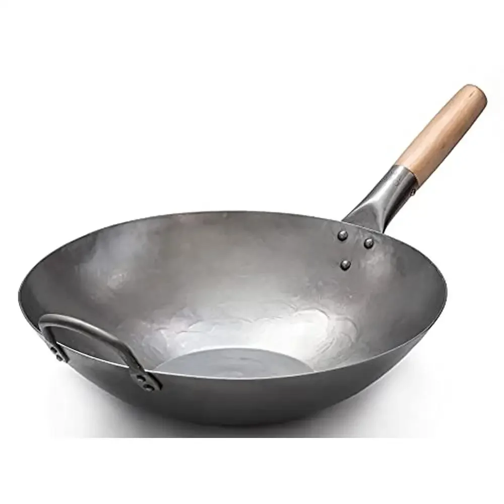 

Flat Hand Hammered Carbon Steel Wok 14 Inch Flat Bottom Electric Gas Stove Professional Grade Chef Choice 2.1kg Heavy Duty Wok