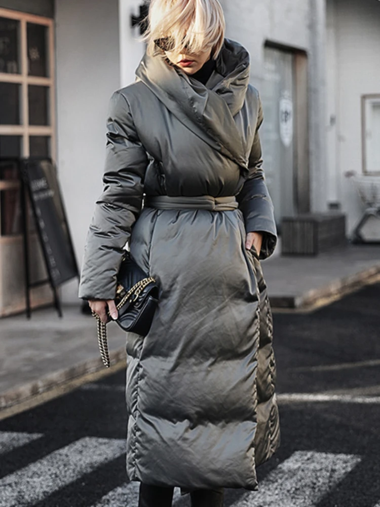 Winter Coat Female Women\'s Puffer Jacket Thick Windproof Warm with Belt Outerwears Glossy High-end Trend High Street Down Jacket