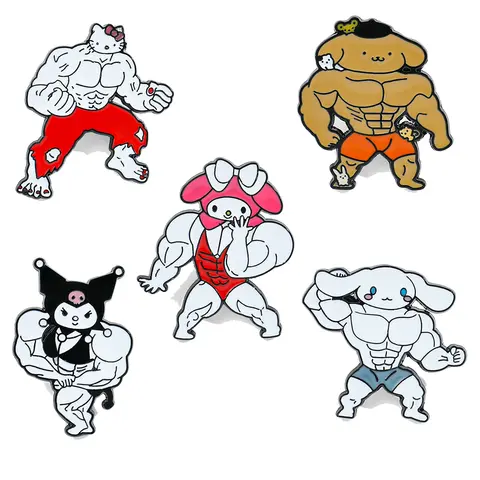 재미 있은 Sanrio 근육 세리 에나멜 핀 카와이 애니메이션 헬로 키티 브로치 피트니스 헝크 커플 멜로디 쿠로미 가방 핀 액세서리